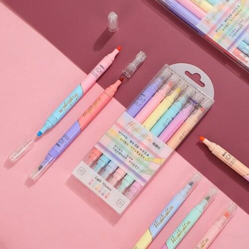 JIANWU 6Pcs/set Double-headed 12color Highlighter Pen Candy Colors Students Writing mark Journal Pens Kawaii School Supplies