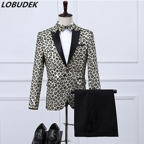 Mens Glitter Sequins Leopard Blazer Pants Tie 3-Pieces Set Group Chorus Performance Suits Host Singer Performer Stage Costume