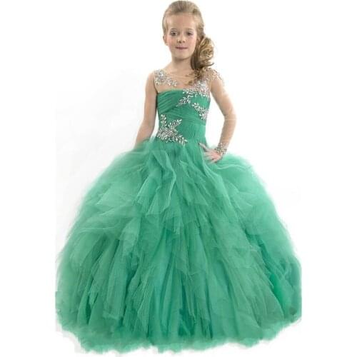 New Style Girl Wedding Party Dress One-character Shoulder Suspender Dress Girl Nail Pearl Flower Banquet Ball Dress Green Tulle