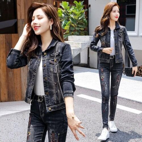New Good Two-piece Set Womens Demin Jacket And Demin Pants Spring And Autumn 2-Piece Set