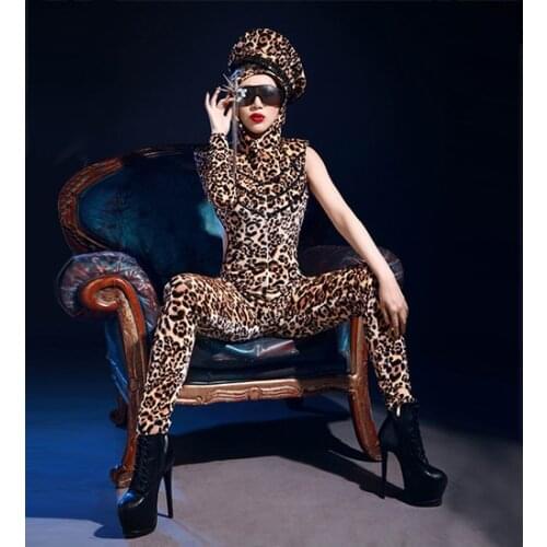 GAGA sexy topless leopard print jumpsuit party nightclub bar concert DJ singer/dancer costume
