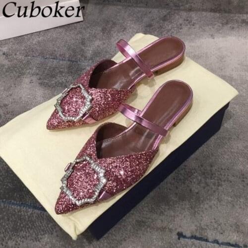 Sexy Bling Women Flat Slippers Pointed Toe Metal Decor Slides Ankle Slingback Ladies Sandals Summer Brand Runway Women Shoes