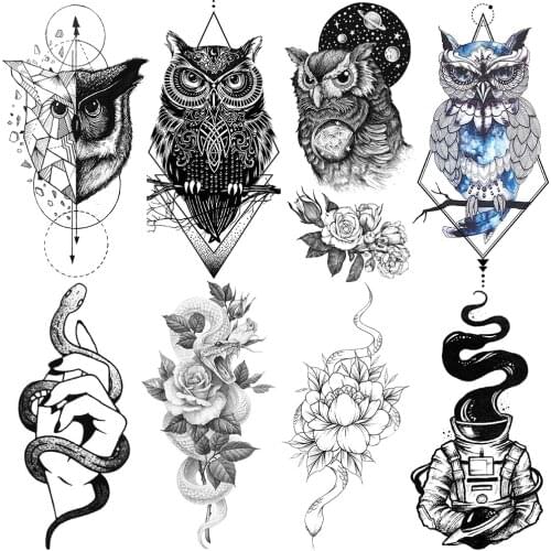 Owl Black Flower Temporary Tattoos For Men Snake Hand Astronaut Fake Tattoo Peony Universe Geometric Tatoo Creative Body Art Arm