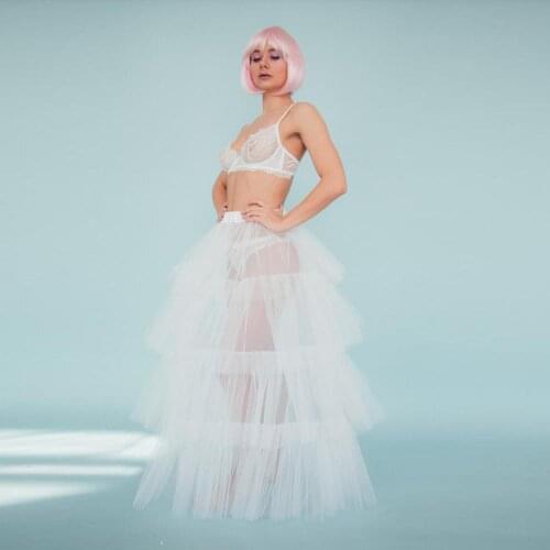 Sexy See Thru Ruffles Tiered White Women Tulle Skirts Elastic Long Draped Mesh Tulle Maxi Skirt Female Bottom Petticoat