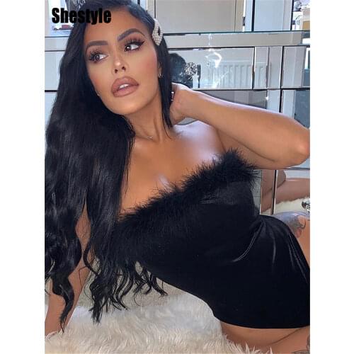 Shestyle Velvet Strapless Bodysuits for Women Black Solid Sexy High Waist Fur Fluffy Backless Playsuits Rompers Stylish Body