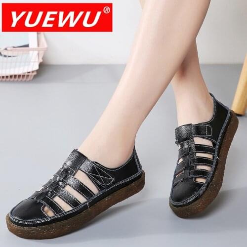 YUEWU Genuine Leather Versatile Flat Bottom Women’s Sandals Head of Contracted Labour Magic Tape Available In Four Colors