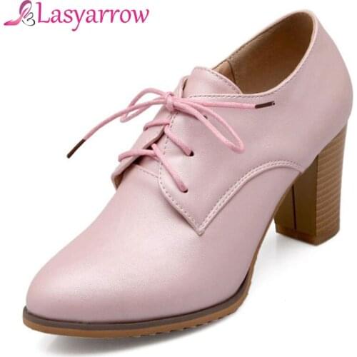 Lasyarrow High Heels Oxford Shoes For Women Autumn Thick Heel Women Pumps Shoes Brogues Oxford Woman Casual Shoes Lace Up Pumps