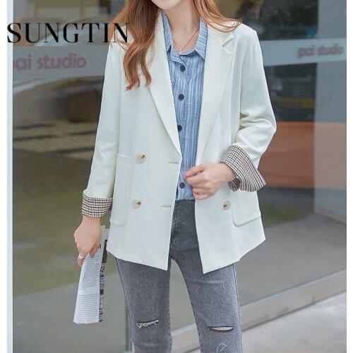 Sungtin Korean Style Double Breasted Blazer Women Office Lady Fashion Solid Color Vintage Coats Female Plaid Elegant Jackets
