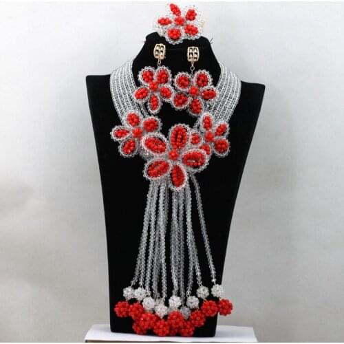 Amazing Silver&Red Floral Statement Necklace Set Red Flower Women Nigerian Wedding Jewelry Set Free shipping WA598
