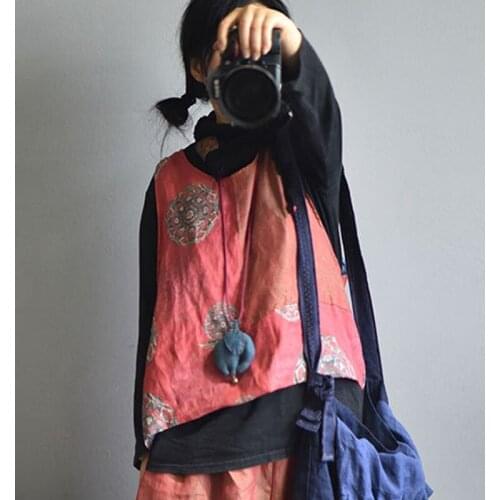 Johnature Cotton Linen Retro Patchwork Print Pullover Vest 2020 Autumn Winter New Loose Comfortable All-match Women Tops Vests