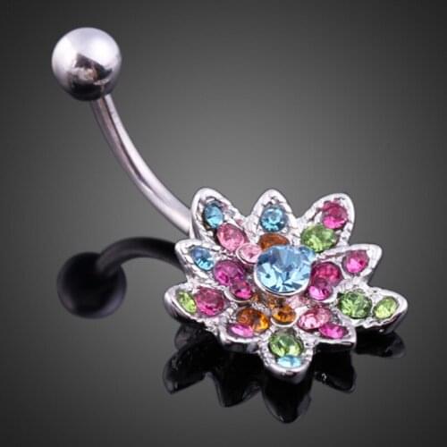 Women Belly Button Ring Barbell Crystal Lotus Flower Pendant Lady Navel Body Piercing Jewelry S55