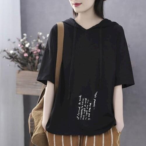2021 Summer Womens Short Sleeve Hoodies 100% Cotton Short-sleeved Hooded T-shirt Literary Retro Loose T-shirt Casual Printing