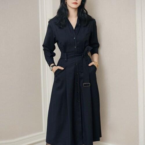 2021 Autumn Dress Fashion Runway New Design Royal Blue Women Single Breasted Belt Slim Elegant Dresses