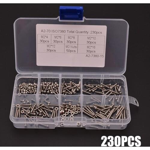 230pcs M2 Hex Socket Screws Stainless Steel Hex Socket Button Head Screw Bolts Nuts Assortment Kit With Plastic Box