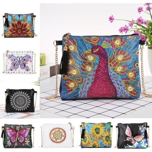 5D DIY Diamond Painting Peafowl Butterfly Sunflower Leather Crossbody Chain Bags DIY Diamond Embroidery Bag Wallet Pouch