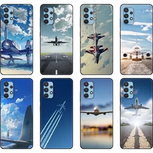 Black tpu Case For Samsung galaxy A32 A42 A52 A72 4g 5g S21 PLUS ultra back cover Aircraft sky airport