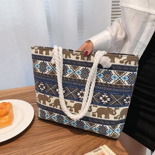 National Style Canvas Shoulder Bag Casual Tote Bags For Women Big Capacity Shopping Bags Rope Top Handle Handbags