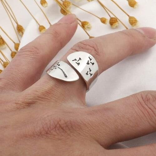 Female Plated Silver Color Hand-brushed Winding Ring Mountain Forest Dandelion Ring For Women