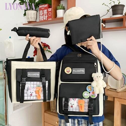 4piece Set Cute Women Backpack Sets Kawaii School Bags for Teenager Girls Large Capacity School Backpack Kawaii Canvas Bag