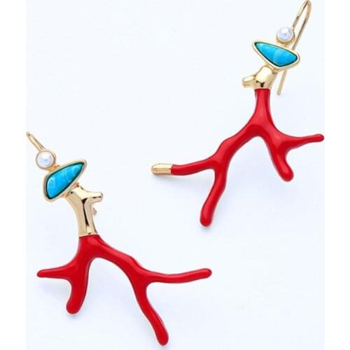 Girl Fashion Red Enamel Coral Antlers Branch Acrylic Resin Drop Earrings Jewelry