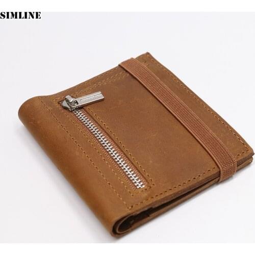 2021 Genuine Leather Wallet For Men Brand Vintage Handmade Short Bifold Small Slim Purse Card Holder With Zipper Coin Pocket Bag