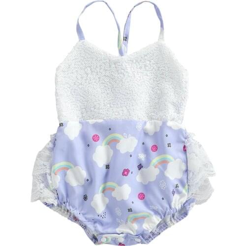 0-18 Months Baby Girls Casual Suspender Romper Fashion Rainbow Print Sequin Lace Stitching Backless Triangle Jumpsuits Sweet