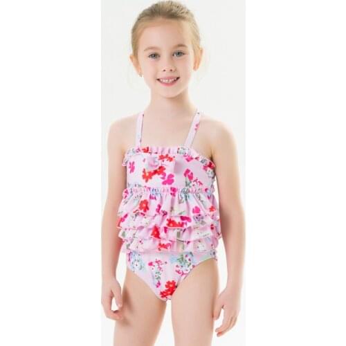 2021 New Girls One-Piece Swimsuit Cute Sweet Swimwear Kids Sling Floral Bowknot Hot Spring Children Bathing Suit Pink Beachwear