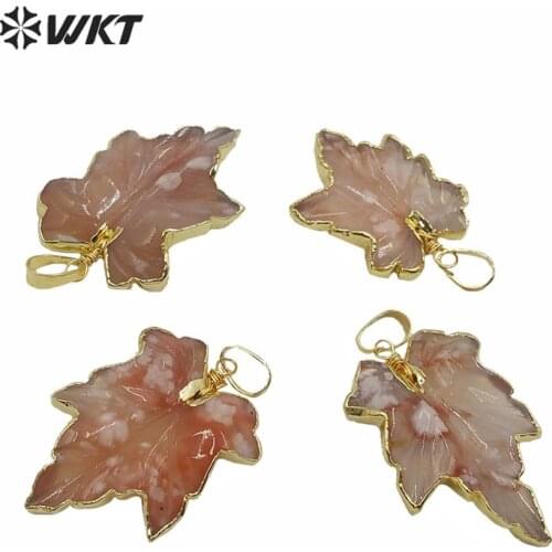 WT-P1543 wholesale fashion natural stone pendant with gold trim cherry aga te maple leaves pendant gift for woman