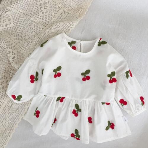 2021 autumn girl long-sleeved baby shirt princess cherry embroidery baby skirt blouse childrens shirt women kids blouse
