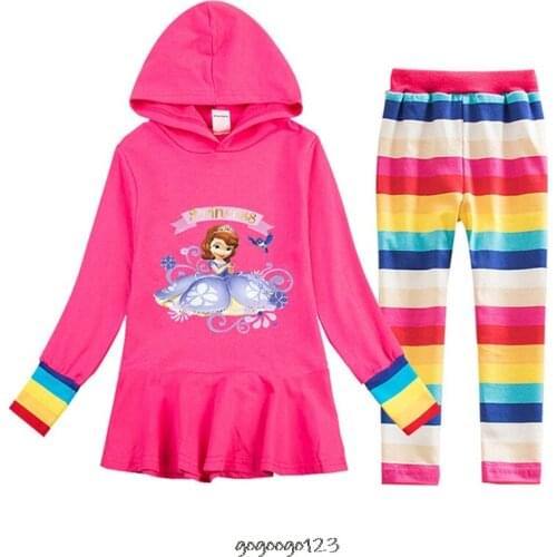 Disney Sofia princess Girl Dress Spring and Autumn Frozen Cute Girls Cotton Hooded Sweater kids Casual Hoodie Dress +Pants