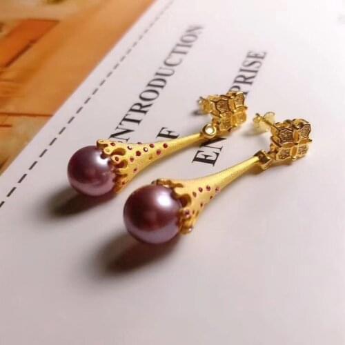 D524 Pearl Earrings Fine Jewelry 925 Sterling Silver Round 10-11mm Nature Fresh Water Purple Pearls Drop Dangle Earrings