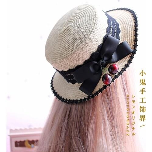Straw hat female summer Korean version black lace daily wild big bow cherry Lolita straw hat straw hat