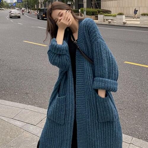 Korean Oversized Autumn Winter Long Sweater Coat 2021 Fashion Loose Casual Wild Thickening Knitted Jacket Women Clothing M372