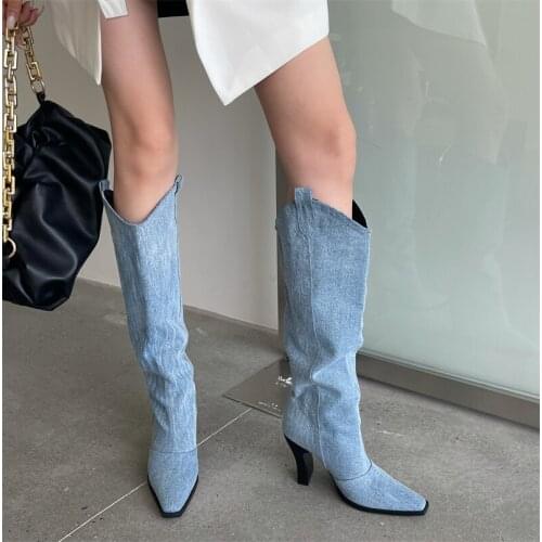 Womens Denim Jeans Pointed Toe Knee Thigh Boots High Heel Western Chelsea Shoes New 2022