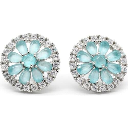 925 Sterling Silver Zircon Stud Earrings Bohe Flower Blue CZ Earrings for Women Wedding Engagement Valentines Day Jewelry