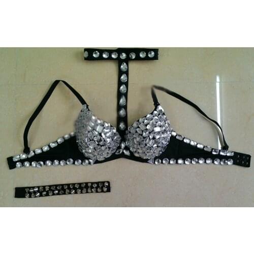 Women Glisten Diamond Bra With Halter Choker Temptation Rhinestone Bralette Crop Tops Sexy Stripper Nightclub Dancing Costume
