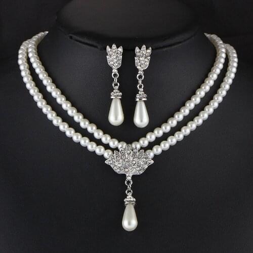Fashion Pearls Crystal Bridal Jewelry Sets Angel Wing Teardrop Necklace Earrings Wedding Jewelry Sets for Women Brides Gift
