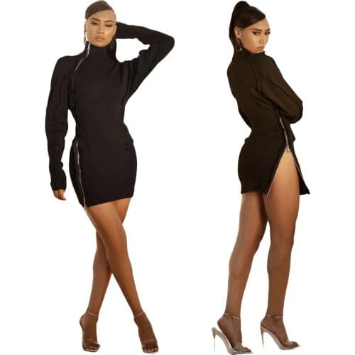 2021 Autumn Winter Stylish Solid Color Double Zipper Thick Slim Dress Office Lady Half High Collar Sexy Black Dress
