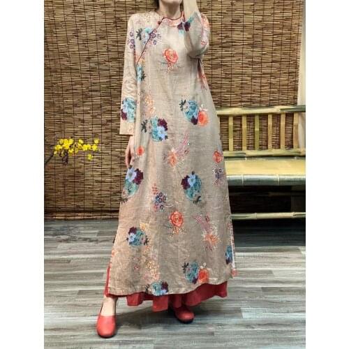 2021 spring new linen plate button printing imitation cheongsam split length dress 9207
