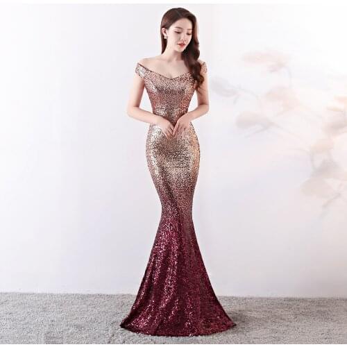 Corzzet Gold Wine Red Gradient Sexy V-Neck Off Shoulder Half Backless Party Dress Women Elegant Long Mermaid Dresses