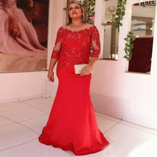 Red Mermaid Mother of The Bride Dresses Sheer Neck 3/4 Long Sleeve Floor Length Appliques Women Wedding Guest Evening Gowns Maxi