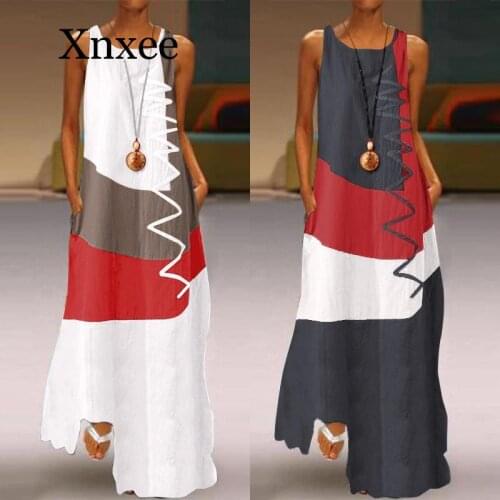 2019 Vintage Color Stitching Maxi Dress Womens Summer Sundress Casual Sleeveless Tank Vestidos Female O Neck Robe Femme beach