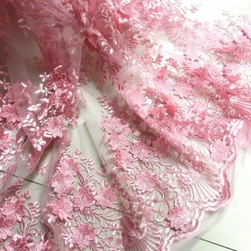 1Meter Pink 3d Flower African Lace Material Sew Wedding Evening Dress Cloth Net Mesh Embroidered Fabric Patchwork Diy 125CM wide