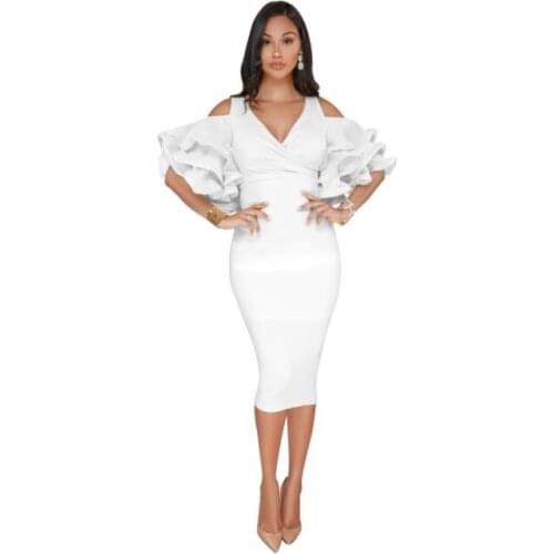 2021 New Women Sexy Autumn V Neck Ruffles Sleeve High Waist Off Shoulder Slim Pencil Split Party Dress