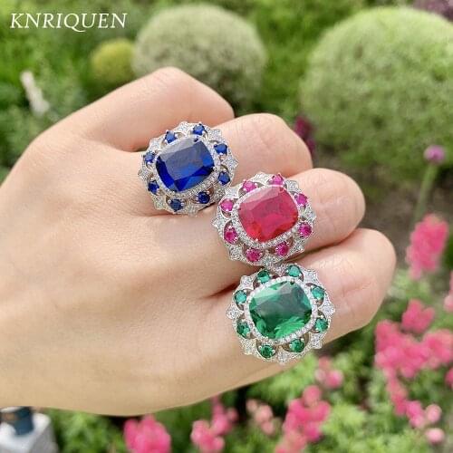2021 Trend 10*12MM Big Gemstone Created Ruby Sapphire Emerald Cocktail Party Ring for Ladies Vintage Fine Jewelry Ring Wholesale