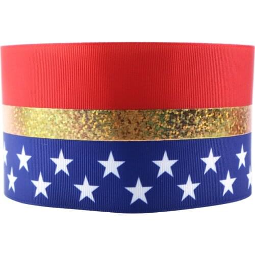 75mm 50Y Star Gold Foil July 4th grosgrain printed ribbon diy Garment Accessories ribbon tape Wedding Decoration,50Yc3552