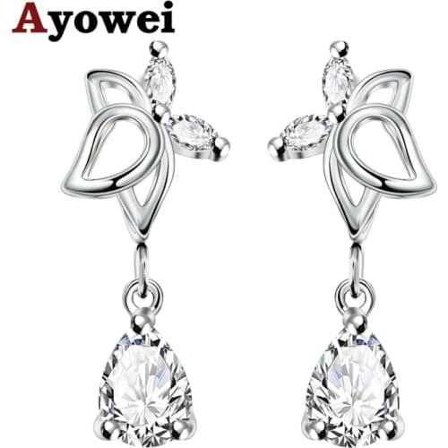 Ayowei Special leaf plants Cubic Zirconia white Crystal Silver dangle Earrings Jewelry JES1138A