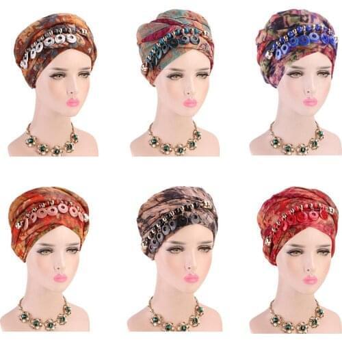 Bohemia Women Beaded Pendant Jewelry Long Scarf Multi-functional Necklace Scarf Islamic Printed Chiffon Muslim Turban Headscarf