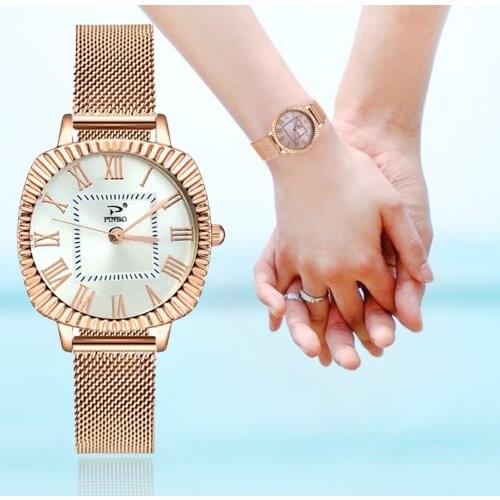 Rose Gold Rome Women Fashion Luxury Watches Retro Square Ladies Wristwatches Drop Shipping Steel Mesh Strap Female Watch