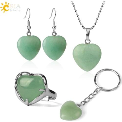 CSJA Natural Stone Green Aventurine Jewelry Sets for Girl Heart Crystal Necklace/Earrings/Bracelet/Keychain Party Jewellery G694